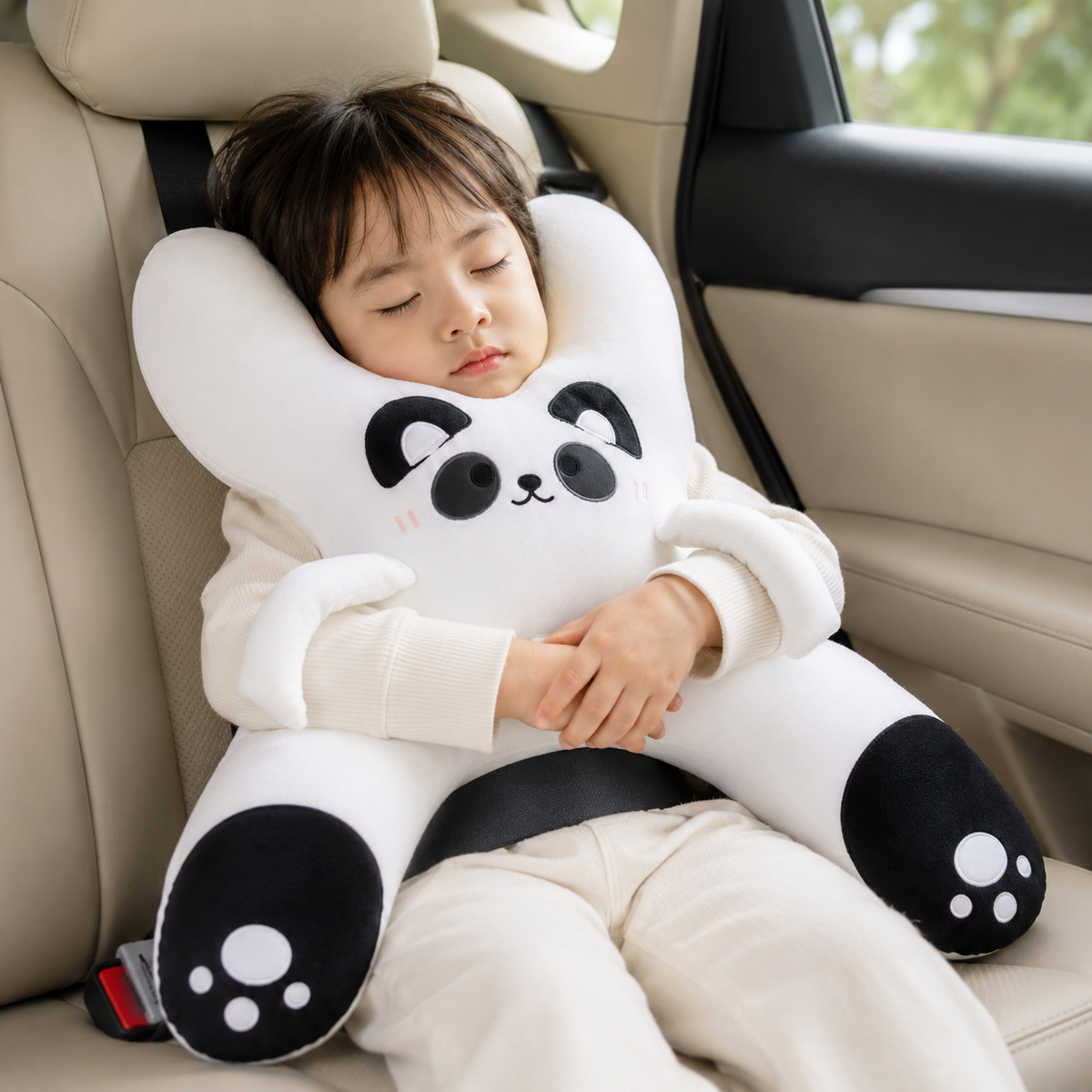 Niño abrazando su cojín NUBI en el coche